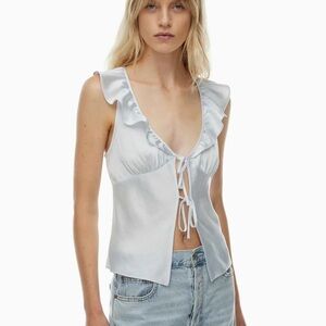 Aritzia tie front blouse baby blue satin